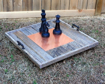 Very Large Rustic Ottoman Tray. Large Barnwood Ottoman Tray.  Large Rustic Copper Serving Tray. 32 x 32.  Natural Finish