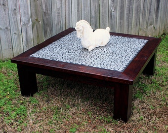 Square Coffee Table. Stainless Steel Mosaic Coffee Table. Large Coffee Table. Metal Top Table.  48" l x 48" w x 17" t. Dark Red Brown Finish