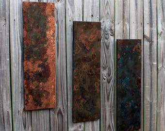 Copper Wall Art.  Trio Abstract Art.  Triptych Copper Art.  Copper Patina Art.  9w x 30l set of 3, Clear Coat.