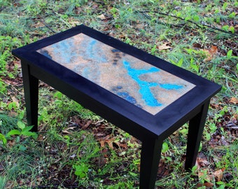 Copper Coffee Table. Copper Patina Coffee Table. Copper Abstract Art Coffee Table. 32" long x 17" wide x 19" tall. Ebony Finish.