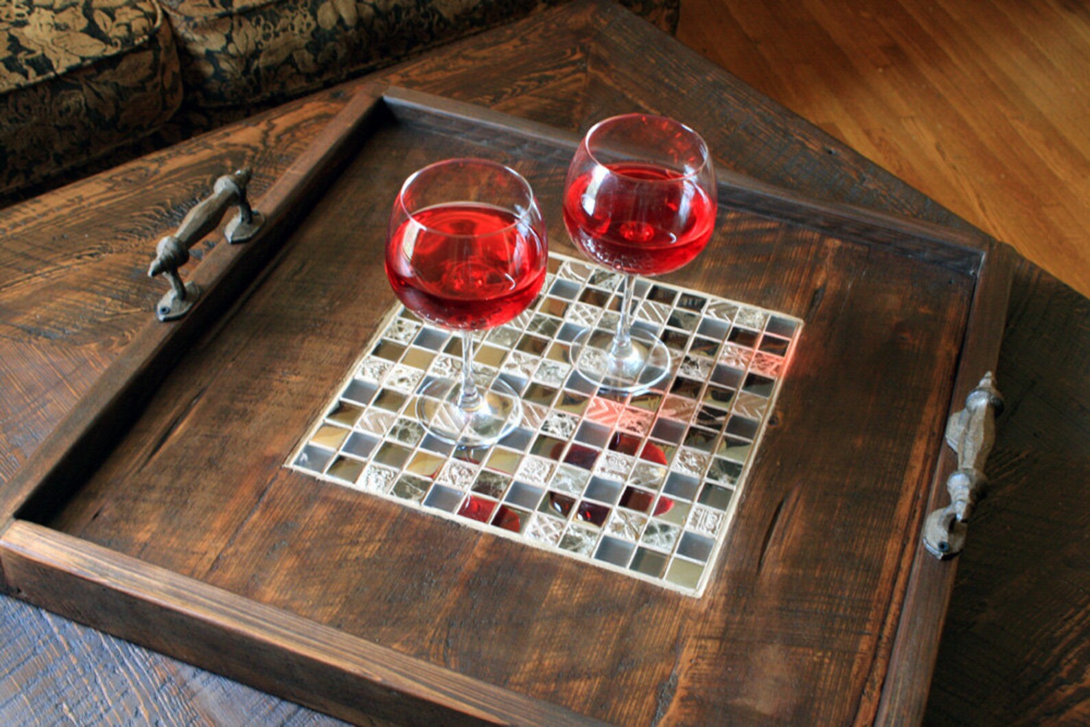 Large Serving Tray Mosaic Tile Centerpiece Reclaimed Wood Etsy