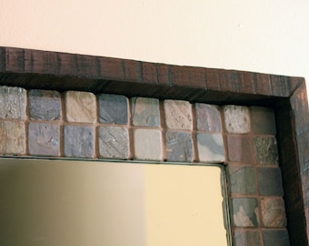 Slate Framed Mirror. Natural Stone Framed Mirror. Slate and Wood Framed Mirror. Slate Mosaic Mirror. Stone Mirror. 22 x 27.  Java Finish.