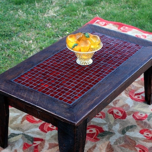 Glass Mosaic Coffee Table. Red Tile Coffee Table. Rustic Contemporary Coffee Table. &quot;Fire & Ice&quot; Mosaic. 40&quot;l 23&quot;w x 17&quot;t. Dark Brown Finish