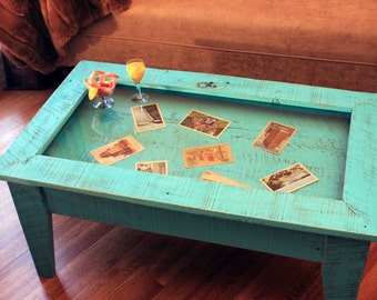 Display Coffee Table. Tempered Glass Display Table. Rustic Shadowbox Table. Turquoise Table. 40&quot;l x 24&quot;w x 18&quot;t. Distressed Turquoise Finish