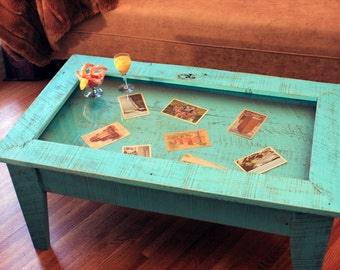 Display Coffee Table. Tempered Glass Display Table. Rustic Shadowbox Table. Turquoise Table. 40"l x 24"w x 18"t. Distressed Turquoise Finish