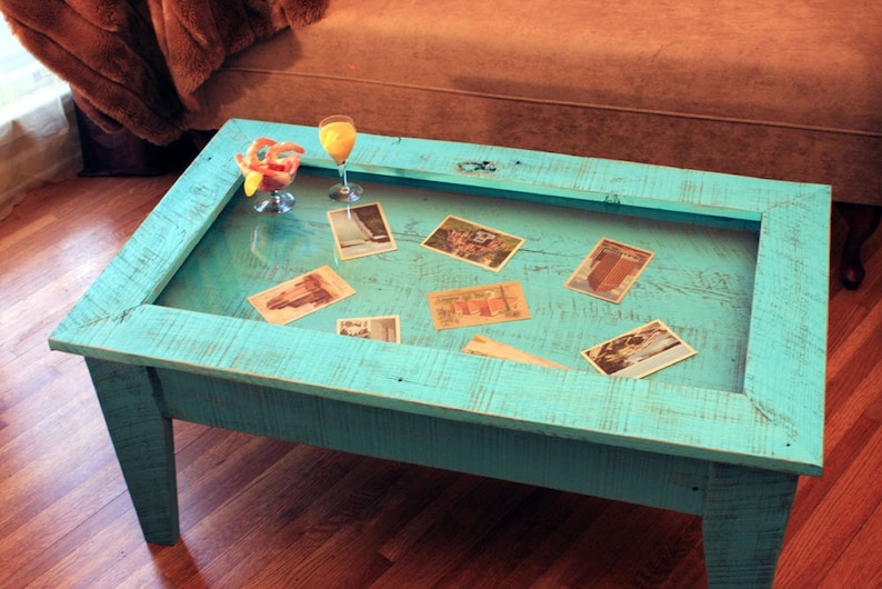 Display Coffee Table. Tempered Glass Display Table. Rustic Shadowbox Table. Turquoise Table. 40l x 24w x 18t. Distressed Turquoise Finish image 1