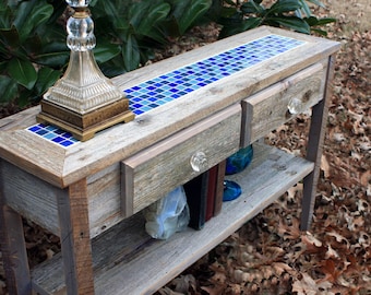 Blue Tile Sofa Table.  Gray Wood Sofa Table.  Reclaimed Wood Console Table.  Mosaic Tile Sofa Table.  45 l x 12-1/8 d x 30 t. Natural Finish