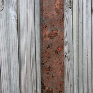 May include: A rectangular copper panel with a rustic, weathered finish. The panel has a mottled appearance with shades of orange, brown, and green. The panel is mounted on a wooden wall.