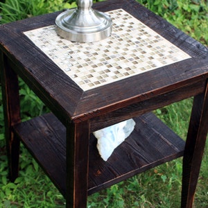 Mosaic End Table. Tile Mosaic End Table. Rustic Side Table w/ Shelf. Glass in the Ruins Mosaic. 19 square x 24t. Dark Brown Finish image 1