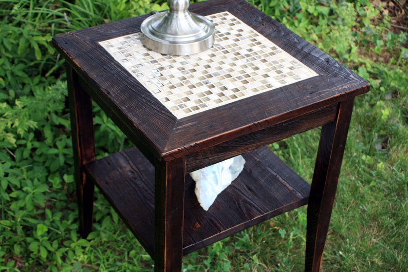 Mosaic End Table. Tile Mosaic End Table. Rustic Side Table w/ Shelf. Glass in the Ruins Mosaic. 19 square x 24t. Dark Brown Finish image 1