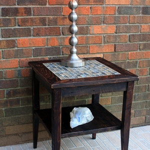 Rustic Mosaic Tile End Table. Neutral Side Table. Rustic Side Table w/ Shelf. &quot;Bamboo Beach&quot; Mosaic. 20&quot; square x 24&quot;t. Java Finish
