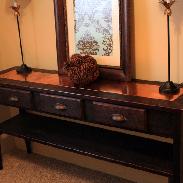 Large Console Table. Copper Console Table. Copper Top Table. Wood & Copper Sofa Table. 60 l x 15 d x 30 t. Dark Brown Finish.