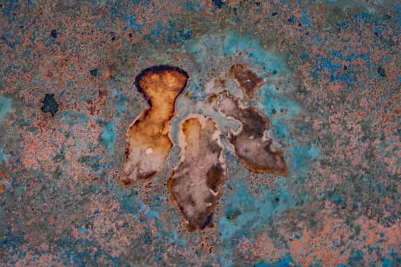 May include: A close-up of a rusty metal surface with a unique pattern of brown, orange, and blue hues. The pattern resembles a leaf or a flower.