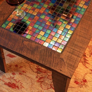 Large Coffee Table w/ Iridescent Glass Tile Inlay. Mosaic Coffee Table. Starry Night Mosaic. 48l x 24w x 20t. Light Java Finish. image 1