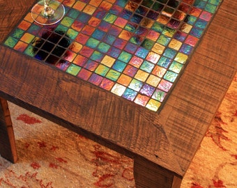 Large Coffee Table w/ Iridescent Glass Tile Inlay. Mosaic Coffee Table. &quot;Starry Night&quot; Mosaic. 48&quot;l x 24&quot;w x 20&quot;t. Light Java Finish.