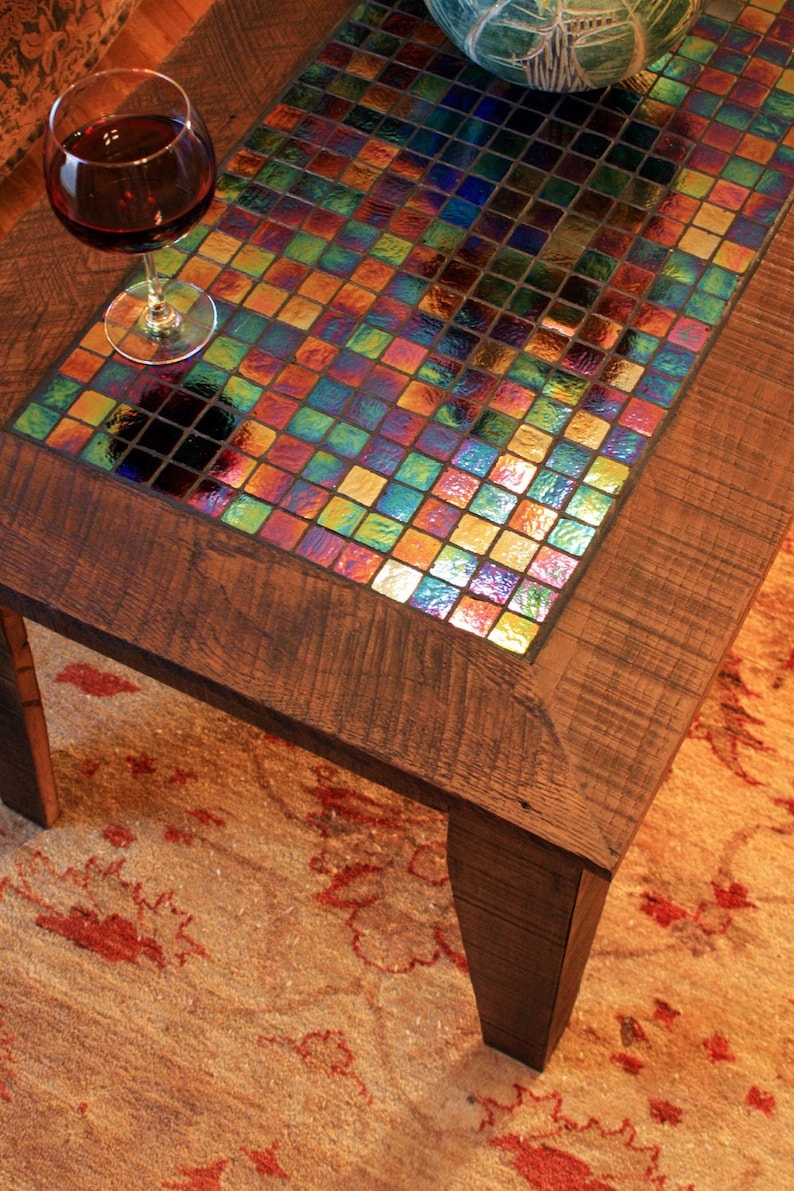 Large Coffee Table w/ Iridescent Glass Tile Inlay. Mosaic Coffee Table. Starry Night Mosaic. 48l x 24w x 20t. Light Java Finish. image 1