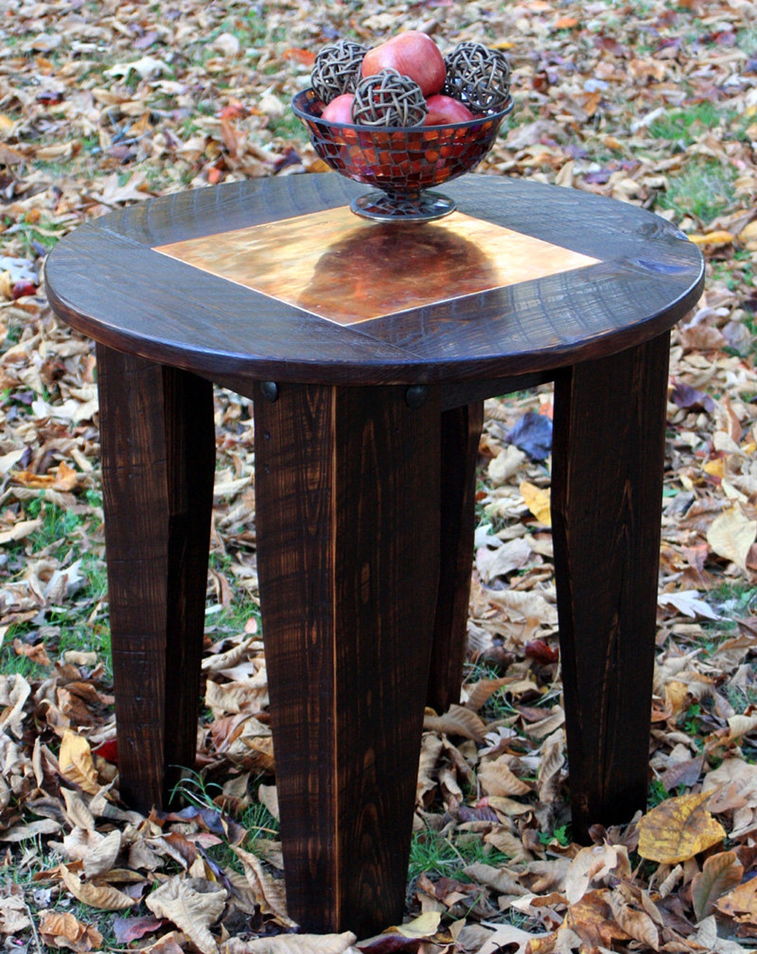 Round End Table. Round Side Table. Round Copper Top End Table. Flamed