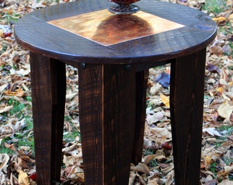 Round End Table.  Round Side Table. Round Copper Top End Table. Flamed Copper Table. 25" diameter x 24"t. Dark Brown Finish