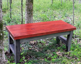 Bench. Dining Table Bench. Entryway Bench. Red Bench. Mud Room Bench. 2 Seater Bench. 16w x 40l x 18t. Three Tone Finish. Clear Coat.