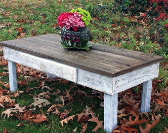 Large Coffee Table, Reclaimed Wood, Rustic Contemporary, Natural and Distressed White Finish - Handmade