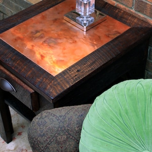 Copper Side Table. Copper Bedside Table. Copper End Table. Copper Top End Table w/ Drawers. 22&quot;l x 19&quot;w x 24&quot;t. Dark Brown Finish