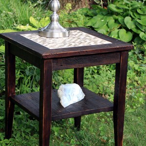 Mosaic End Table. Tile Mosaic End Table. Rustic Side Table w/ Shelf. Glass in the Ruins Mosaic. 19 square x 24t. Dark Brown Finish image 2