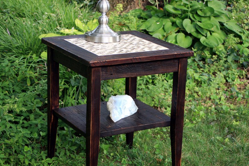 Mosaic End Table. Tile Mosaic End Table. Rustic Side Table w/ Shelf. Glass in the Ruins Mosaic. 19 square x 24t. Dark Brown Finish image 2