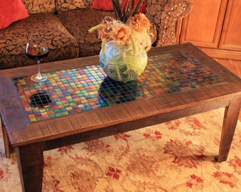 Large Rustic Coffee Table. Large Mosaic Tile Coffee Table. Large Iridescent Coffee Table. 48 l x 24 w x 20 t. Light Java Finish.