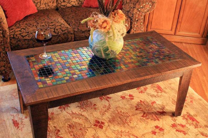 Large Coffee Table w/ Iridescent Glass Tile Inlay. Mosaic Coffee Table. Starry Night Mosaic. 48l x 24w x 20t. Light Java Finish. image 2