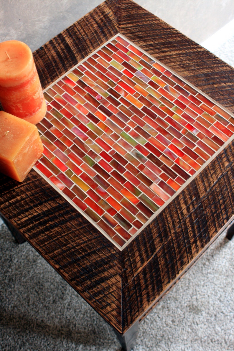 Mosaic End Table Tile Rustic Side W Shelf Stained Glass Medley 20 Square X 24 T Java Finish