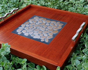 Modern Ottoman Tray. Stainless Mosaic Centerpiece. Red Mahogany Serving Tray. "Steel Pebbles" Mosaic. 20 x 20. Red Mahogany Finish.