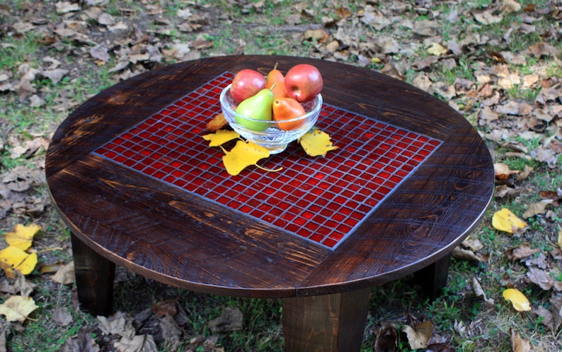Round Mosaic Coffee Table Red Tile Fire Ice 38 Diameter X 17 T Dark Brown Waxed Finish