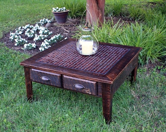 Red Mosaic Coffee Table.  Tile Coffee Table w/ Drawers. Large Reclaimed Wood Table. "Fire & Ice". 36" l x 36" w x 17" t. Dark Brown Finish.