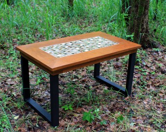 Metal Leg Coffee Table. Mosaic Tile Coffee Table. Black Metal Leg Coffee Table.  34" l x 20" w x 18-1/2" t. Light Brown Finish