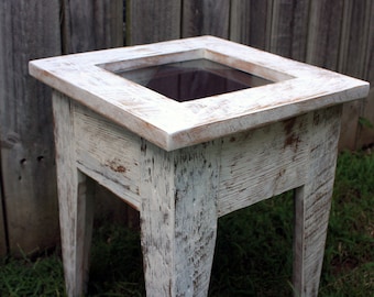 Small Display Table.  Small Shadowbox Table.  Display Side Table.  Tempered Glass Front Table.  15" square x 18"t. Distressed White Finish