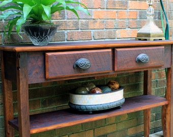 Sofa Table. Wood Sofa Table. Reclaimed Wood Sofa Table. Chocolate Brown Sofa Table. 44 w x 12-1/4 d x 30 t. Chocolate Brown Finish.