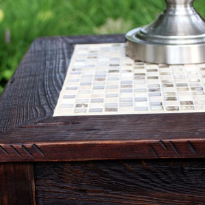 Mosaic End Table. Tile Mosaic End Table. Rustic Side Table w/ Shelf. Glass in the Ruins Mosaic. 19 square x 24t. Dark Brown Finish image 4