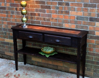 Console Table.  Copper Sofa Table.  Dark Sofa Table. Entry Table. Copper Centerpiece. 45 w x 12-1/4 d x 30 t. Dark Brown Finish