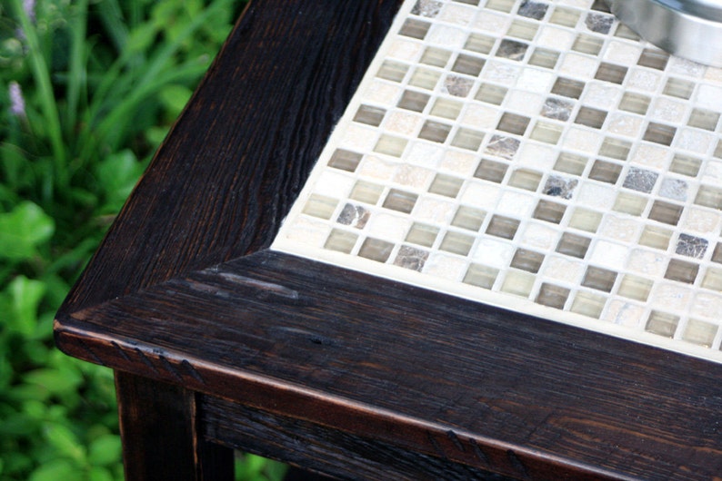 Mosaic End Table. Tile Mosaic End Table. Rustic Side Table w/ Shelf. Glass in the Ruins Mosaic. 19 square x 24t. Dark Brown Finish image 3