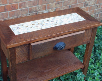 Tile Sofa Table. Small Entry Table. Mother of Pearl Sofa Table. "Pearl Delight" Mosaic. 28 w x 12-1/4 d x 32 t. Light Chocolate Brown Finish