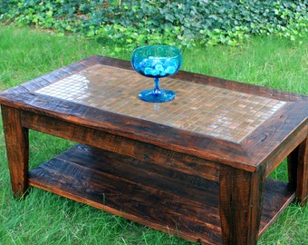 Copper Coffee Table w/ Shelf. Mosaic Tile Coffee Table. Rustic Coffee Table. "Copper Sunset" Mosaic. 40"l x 23"w x 17"t. Dark Brown Finish