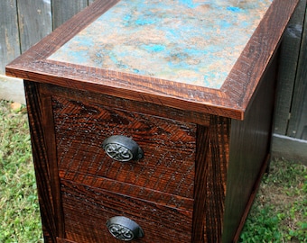 Copper Top End Table w/ Drawers. Copper Bedside Table. Two Drawer End Table. Side Table w/ Drawers. 20"w x 27"d x 23"t. Medium Brown Finish