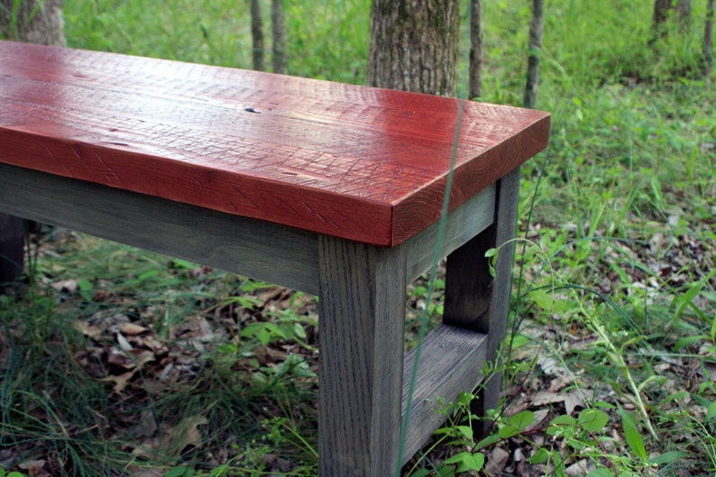 Bench. Dining Table Bench. Entryway Bench. Red Bench. Mud Room Bench. 2 Seater Bench. 16w x 40l x 18t. Three Tone Finish. Clear Coat. image 10