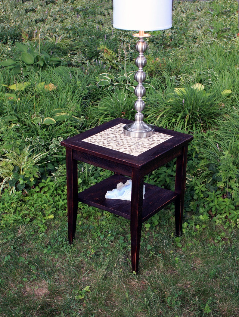 Mosaic End Table. Tile Mosaic End Table. Rustic Side Table w/ Shelf. Glass in the Ruins Mosaic. 19 square x 24t. Dark Brown Finish image 5