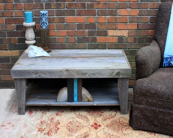 Rustic Coffee Table w/ Shelf. Grey Wood Coffee Table w/ Shelf, Reclaimed Wood Coffee Table. 39"l x 22"w x 17"t. Natural Finish