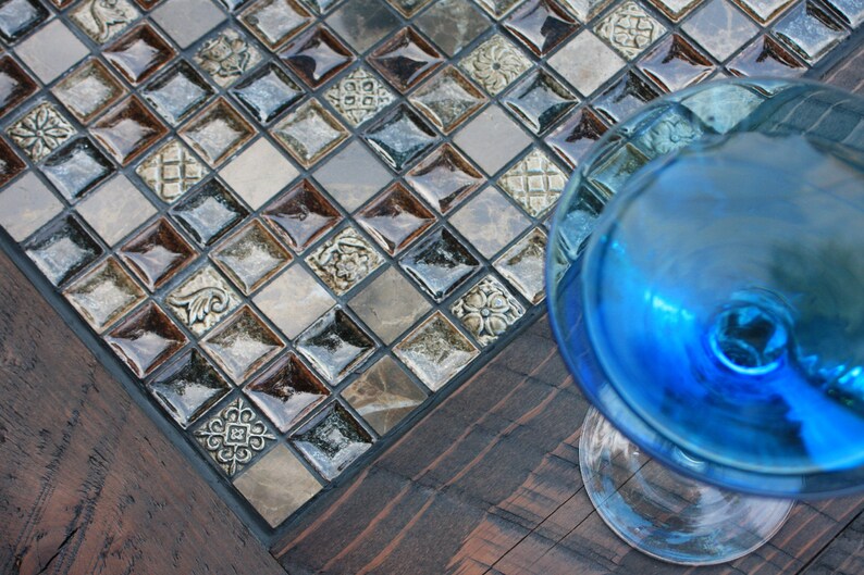 Round Coffee Table. Dark Brown Circular Coffee Table. Tile Mosaic Round Table. Roman Ruins Mosaic. 38diameter x 17t. Dark Brown Finish image 2