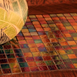 Large Coffee Table w/ Iridescent Glass Tile Inlay. Mosaic Coffee Table. Starry Night Mosaic. 48l x 24w x 20t. Light Java Finish. image 5