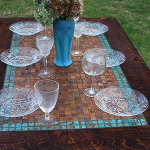 Kitchen Table. Copper Table. Rustic Dining Table. Mosaic Dining Table. Aztec Blue Copper Mosaic. 34w x 60l x 30t. Dark Brown Finish image 1