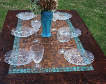 Kitchen Table. Copper Table. Rustic Dining Table. Mosaic Dining Table. "Aztec Blue Copper" Mosaic. 36w x 60l x 30t. Dark Brown Finish