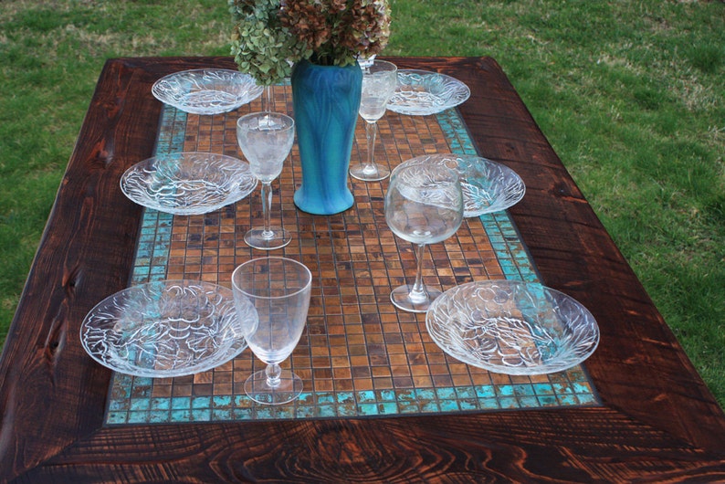 Kitchen Table. Copper Table. Rustic Dining Table. Mosaic Dining Table. Aztec Blue Copper Mosaic. 34w x 60l x 30t. Dark Brown Finish image 1